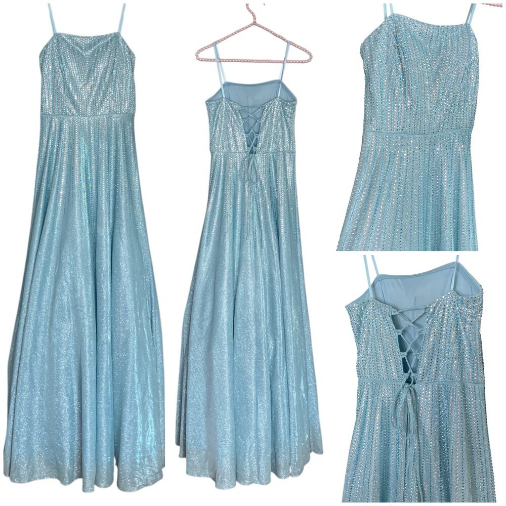 TLC Say Yes To The Prom 5 Blue Silver Rhinestone Bling Strapless‎ Lace Up Dress